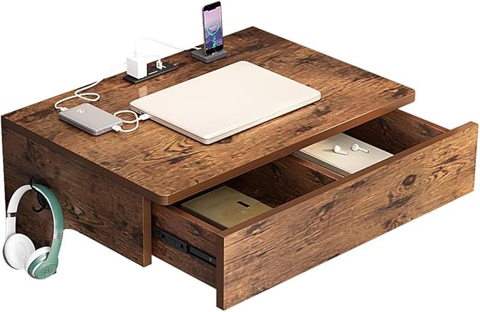 Wall Mounted Table with Power Outlets 28.4 W x 19.7 D Floating Table with Storage Drawers for Small Spaces Writing PC Desk with Headphone Hook for Home Office Brown (Brown)
