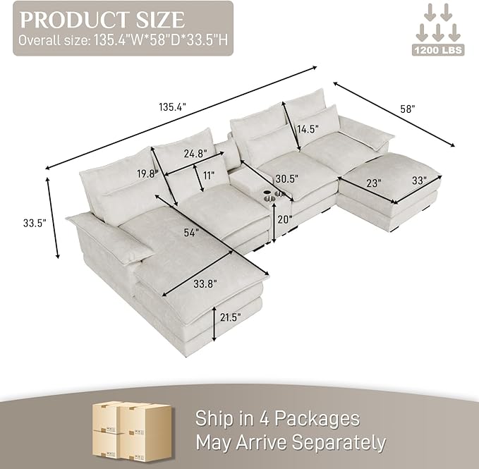 OUYESSIR 135 U Shaped Sectional Cloud CouchBeige Sectional Couches for Living RoomComfy Fluffy Chenille Oversized Cloud CouchModular Sectional Sofa with Central Console &amp Double Chaise Lounge