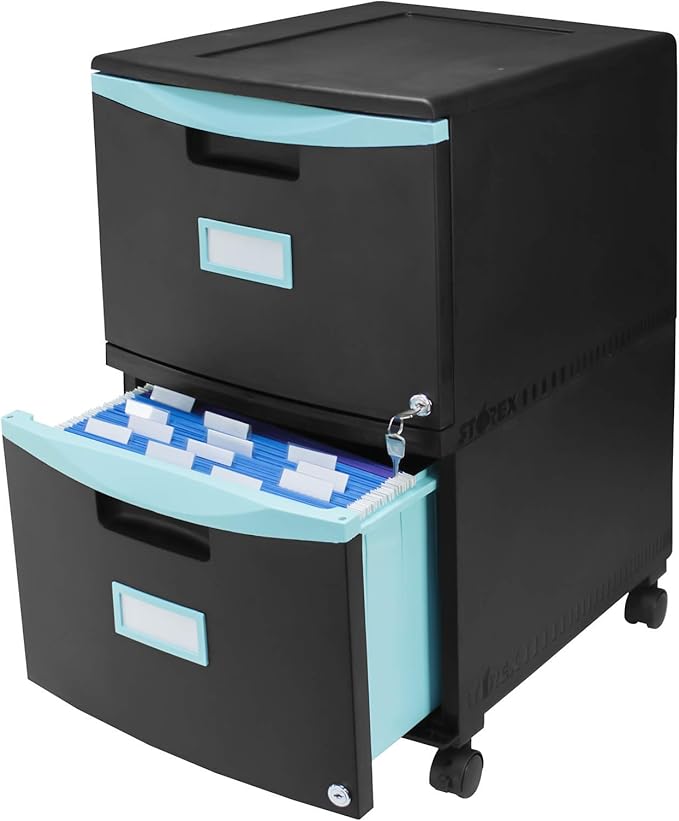 Storex Two-Drawer Mobile Filing Cabinet 2 Legal/letter-Size File Drawers Black/teal 14.75 X 18.25 X 26