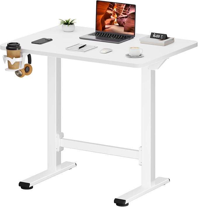 Small Small Pneumatic Adjustable Stand Up Desk Rolling One-Piece Standing Desk 31.5 x 19.7 Inch Home Office Desk Computer Workstation White