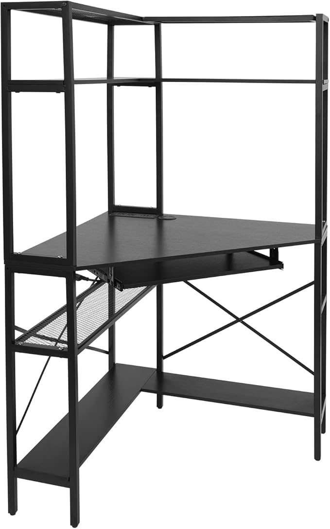 Corner Desk with Hutch 90 Degrees Triangle Computer Desk w/Keyboard Tray &amp Bookshelves for Small Space Space Saving Writing Desk w/Storage Shelves for Bedroom Apartment (Black)