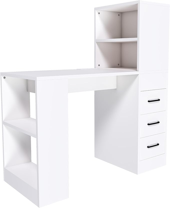 L Shaped Desk with Power Outlets &amp LED Lights Computer Desk with Drawers &amp Bookshelf Modern Corner Desk for Home Office Study Gaming Table Writing Workstation (White-New)