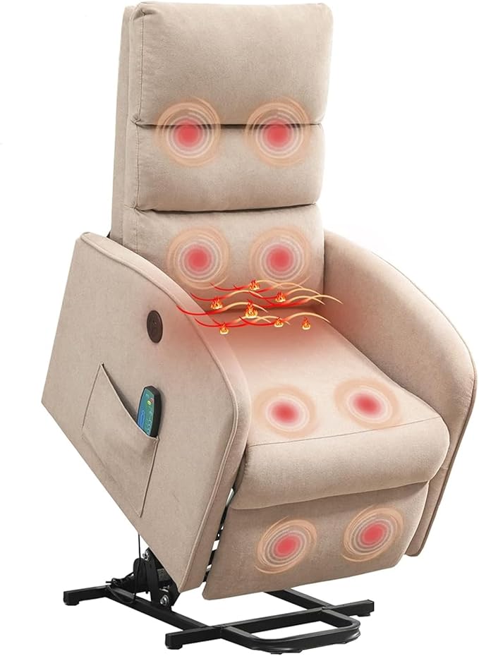 AVAWING Power Lift Chair with Heat and Massage for Elderly Fabric Electric Recliner Chair with Remote Control Side Pocket and USB Port for Living Room &amp Bedroom Khaki