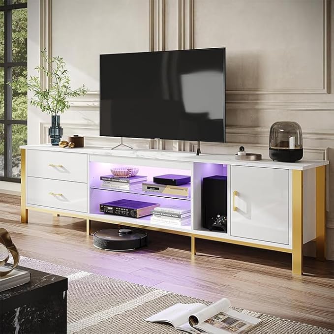 Bestier TV Stand for 75/80/85 inch TVs LED Gaming Entertainment Center Media Console with Glass Shelves for Living Room 2 Storage Drawers &amp Cabinets for Bedroom White Glossy