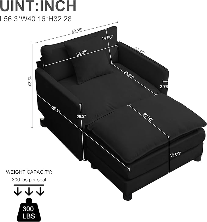 Oversized Chair with Ottoman Modern Chenille Upholstered Deep Seat Couch Armchair 40.16'' Comfy Chaise Lounge Indoor with Thick Cushion for Living Room (Black 40.16'' Single Seat Sofa &amp 1 Ottom