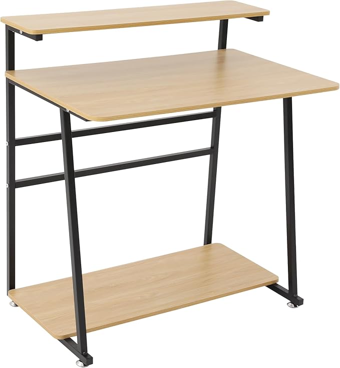 Small Office Mobile Computer Desk 3-Tier Laptop Table with Storage Shelves Tiny Computer Desk with Wheels for Home Office Bedroom Living Room Studio (Log Color+Black)