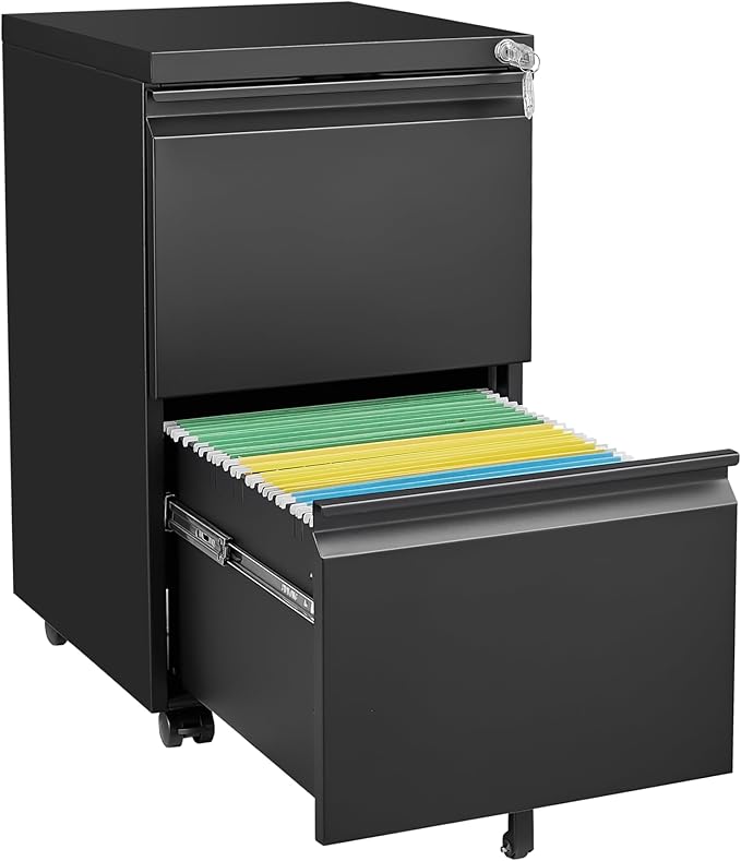 Mobile File Cabinet with Lock Office Storage Solution for Legal &amp Letter Size Documents Metal Filing Cabinet with Printer Stand Pre-Assembled Except Casters (Black 2 Drawers)