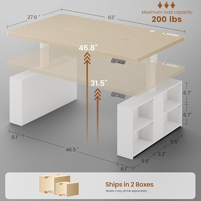 SEDETA 63 Executive Standing Desk with Storage Executive Height Adjustable Desk with Power Outlets Large Computer Office Desk with Privacy Panel for Home Office Natural Oak