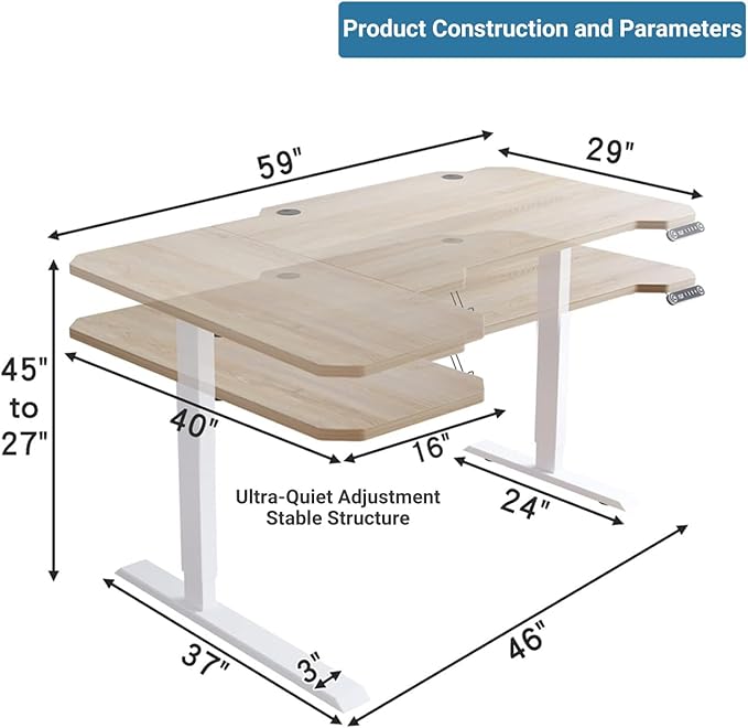Electric Height Adjustable Standing Desk Sit - Stand Desk for Work or Home Office Push Button Memory Settings Splice Board (Light Oak 59x24)
