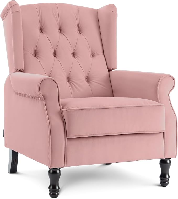 Artechworks Winged Fabric Modern Accent Chair Tufted Arm Club Chair Linen Single Sofa with Wooden Legs Comfy Upholstered for Reading Living Room Bedroom Office Pink