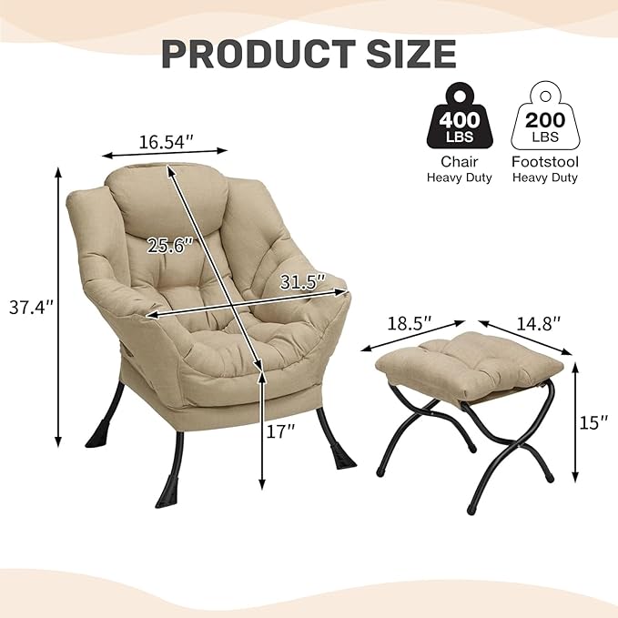 HollyHOME Lazy Chair with Foldable Ottoman Accent Comfy Lounge Armchair and Folding Footrest Stool Leisure Sofa Reading Chair and Footstool for Living Room Bedroom DormCotton-Linen Tan