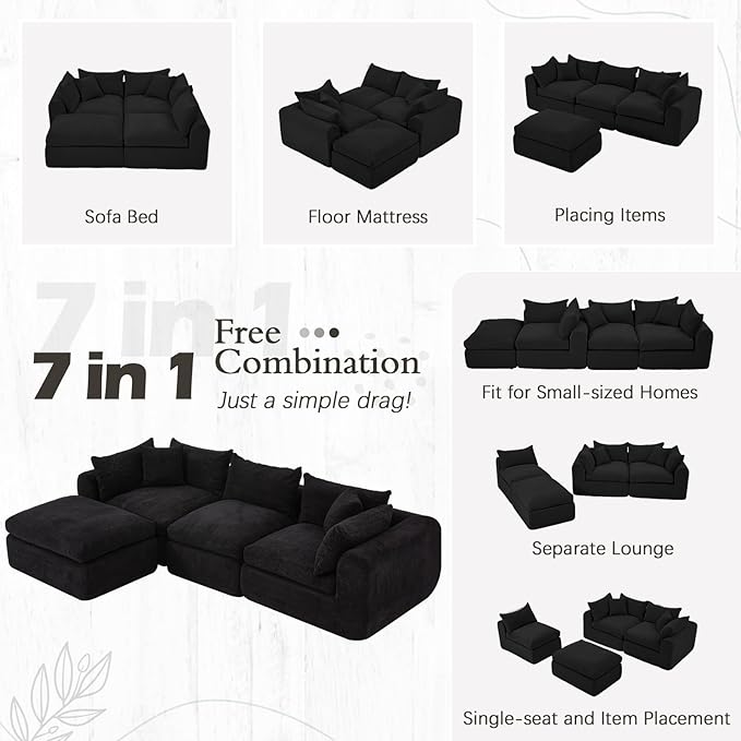 AVAWING 113 Modular Sectional Sofa Modern L Shaped Cloud Couch with Deep Seat &amp Ottoman Soft Boneless Sofa with Chaise for Living Room &amp Bedroom No Assembly Needed (Black)