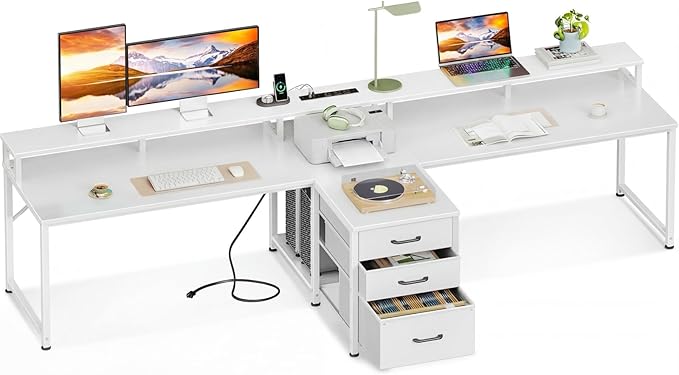 Casaottima 94 Inch 2 Person Home Office Computer Desk with Power Outlet Fabric Drawers &amp File Cabinet Long Writing Desk with Monitor Stand Storage Shelves Study/Work Table White