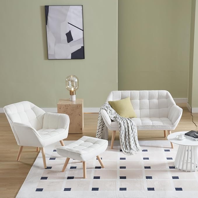 48”Small Loveseat Sofa Modern Sherpa Upholstered Mini Couch 2-Seater Fluffy Love Seat with Quilting Backs and Wood Legs for Living Room Bedroom and Small Space White