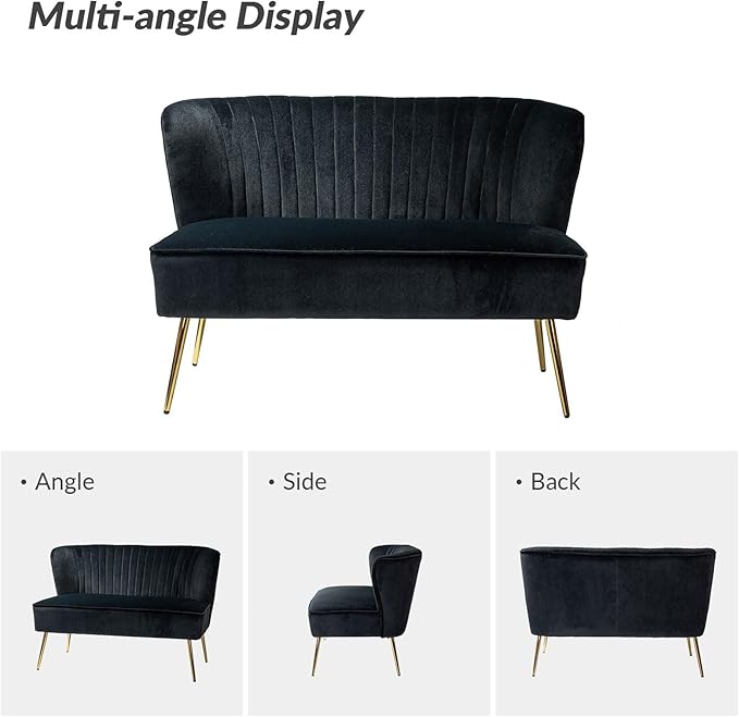 HULALA HOME Velvet Loveseat Sofa with Gold Legs Mid-Century Modern Upholstered Love seat Couch Tufted Small 2-Seat Sofa Armless for Living Room Bedroom Apartment Small Spaces Black
