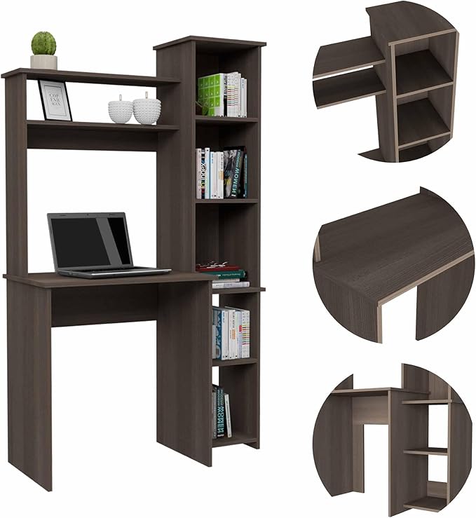 Nashville Wooden Writing Desk with Six Shelves - Spacious Work Area &amp Monitor Stand - Home Office Furniture for Productivity