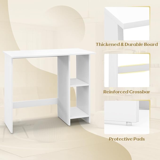 Tangkula White Desk with Storage Shelves Modern Small Writing Desk with Adjustable Shelf Space Saving Laptop PC Desk with Anti-Toppling Kit Wooden Kid’s Study Desk (White)