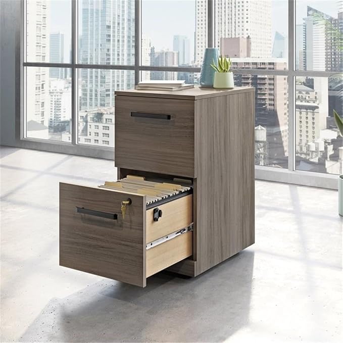 Pemberly Row Engineered Wood 2-Drawer Mobile Filing Cabinet Elm/Brown Finish 28.42 H x 15.55 W x 19.44 D Locking Drawers Hidden Casters Versatile Office Storage Solution