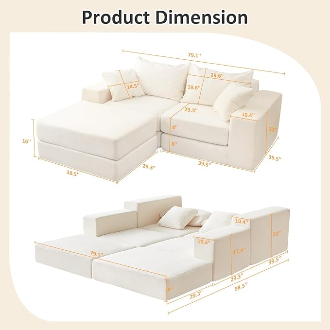 Modular Sectional Loveaeat Cloud Sofa Boneless Couch with Non Slip Base Modern Sleeper Sofa for Customizable Living Spaces Cozy Modular Couch with L-Shape Chaise Deep Seat &amp No Assembly Beige