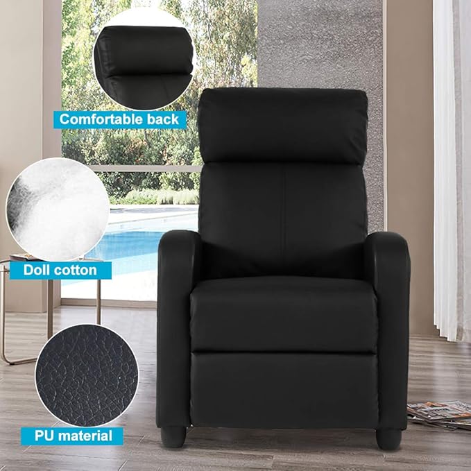 Dkeli Recliner Chair for Living Room Padded Wide Seat Sofa PU Leather Reclining Chair with Footrest &amp Backrest Wingback Heavy Duty Modern Single Sofa Home Theater Seating Easy Lounge Black