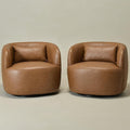 KINWELL Faux Leather Swivel Armchair Set of 2 No Assembly Upholstered PU Leather Swivel Accent Chairs with Toss Pillow for Living Room Office Lounge Camel