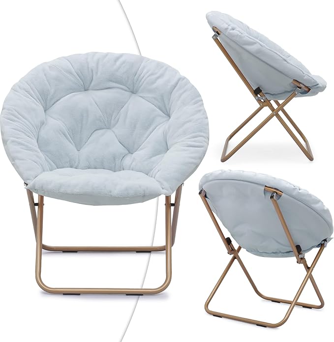 Magshion Folding Saucer Chair for Adults with Ottoman Circle Reading Chair for Bedroom Living Room &amp Dorm Furry Comfy Accent Seat with Metal Leg &amp Thick Padded for Small Spaces (Blue 1 Pac
