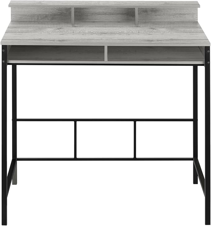 Computer Desk Standing Home Office Storage Shelves Grey Laminate Black Metal (48 Inch)