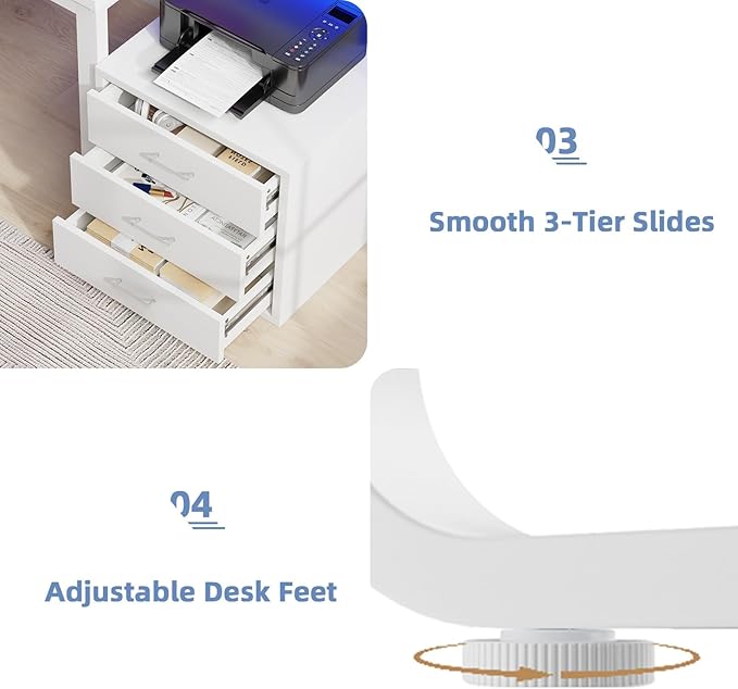 67'' White Desk with Drawers Computer Desk with Printer Shelf Home Office Desk with Moniter Stand and LED Lights White