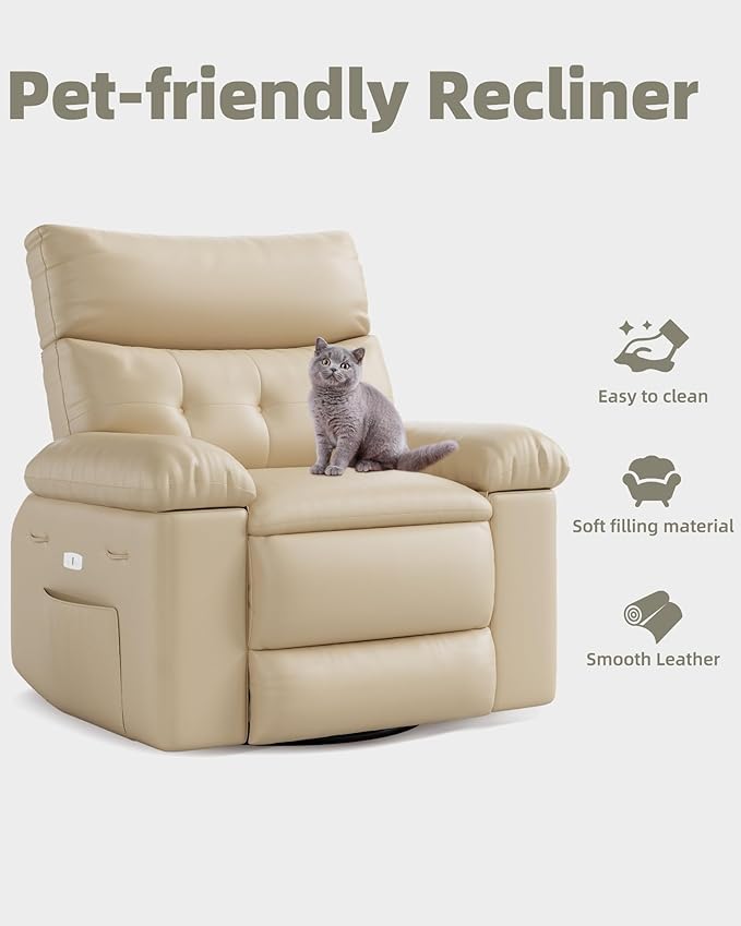 GarveeHome Electric Swivel Massage Chair Power Rocking Recliner with Vibration and Heating Overstuffed PU Leather Single Sofa with USB Port and Storage Glider for Living Room Nursery