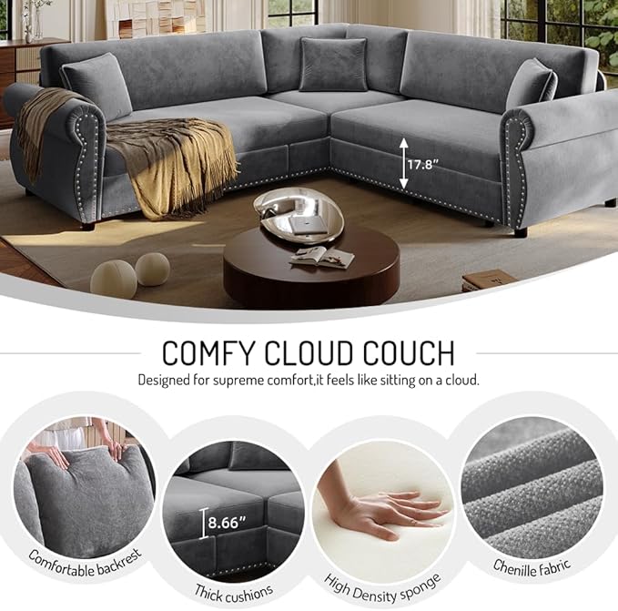 88 L Shaped Sectional Sleeper Sofa Couch with Pull Out Bed Oversized Chenille Convertible Sectional Couches with Nailhead Trim &amp Rolled Arm for Living Room Removable Sofa CoverLigt Grey