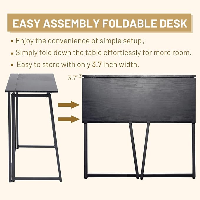 FurnitureR Folding Home Office Desk 31.5 Inches Foldable Table Space Saving Computer Study Desk Compact Writing Workstation for Small Space Black