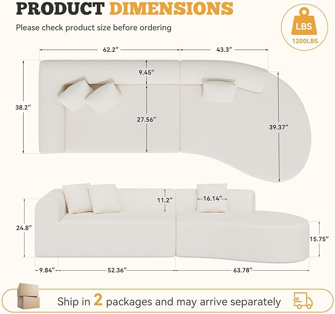 126 Modular Sectional Sofa Modern Cloud Curved Couch with Deep Seat Upholstered Oversized Couches for Living Room No Assembly Required Beige Chenille Fabric 1PCS