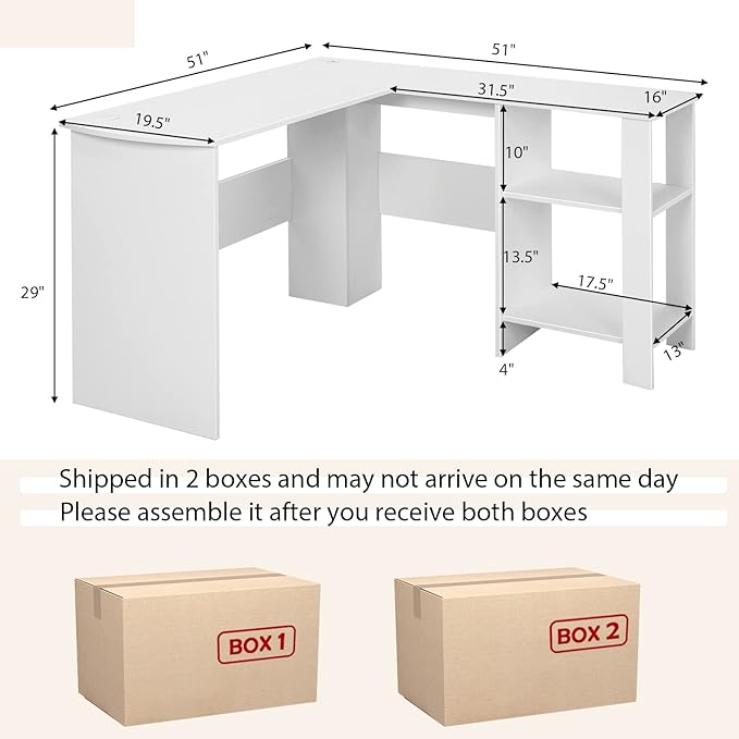 Tangkula White L Shaped Desk with Storage Shelves Wooden Corner Computer Desk Space-Saving Home Office Workstation Gaming Desk Writing Study Desk L Shaped Office Desk