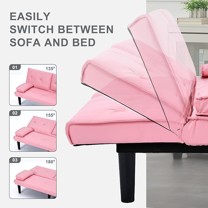 Futon Sofa Bed PU Leather Modern Convertible Futon Couch with Removable Armrests Cup Holders Loveseat Sleeper Sofa Bed for Living Room Apartment Small Spaces (Pink)