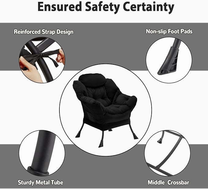 Lazy Chair Thick Padded Comfy Velvet Accent Lounge Chair with Stable Frame Leisure Sofa Armchair with Armrests and Side Pocket Reading Chair for Bedroom Living Room Office Black