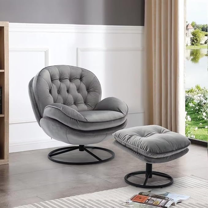 Velvet Swivel Accent Chair with Ottoman Modern Lounge Chair with Metal Base Frame &amp Footrest Comfortable Leisure Single Sofa Chair Reading Chair with 360 Degree Swiveling for Living Room Gray
