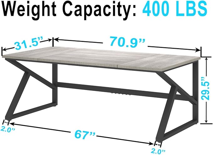 IBF 70 Inch Large Home Office Desk Industrial Long Executive Work Writing Study Computer Table Farmhouse Big Metal Wood Double Desk for Bedroom Living Room Rustic Dual Monitor Desk Light Grey