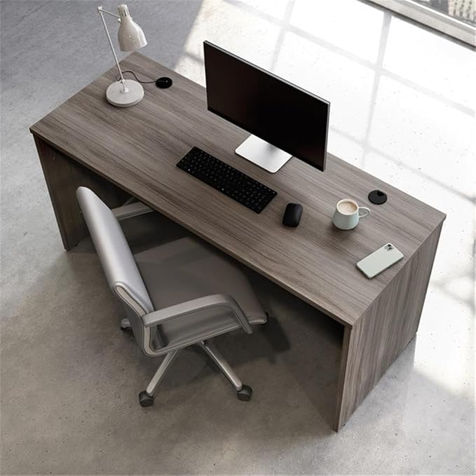 Pemberly Row Engineered Wood Computer Desk Elm/Brown Finish 60 x 24 Durable 1 Thick Top Scratch Resistant Surface Cord Management Grommets Adjustable Levelers Professional Office Desk