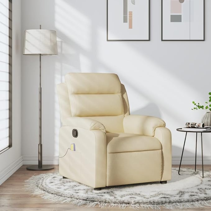 vidaXL Massage Recliner Chair for Elderly - Manual Recline Vibrating Armchair Cream Fabric 135° Tilt Padded Comfort Side Pocket Sturdy Frame