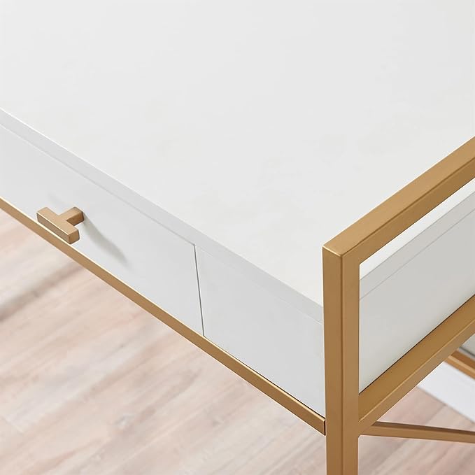 Pemberly Row Mixed Wood and Metal Home Office Desk White/Satin Gold Finish 44 x 22 x 32 in Drop Front Keyboard Drawer Adjustable Floor Levelers Modern Computer Desk for Workspace or Study