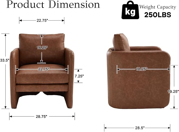 EALSON Leather Upholstered Modern Accent Chair Mid-Century Barrel Armchair with Padded Cushion Comfy Reading Chair for Living Room/Bedroom Brown