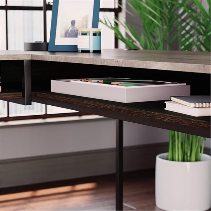 Pemberly Row L-Shaped Engineered Wood Desk Deco Stone Gray Finish 65.98 W x 60 D x 29.72 H Powder Coated Metal Frame Cord Management 2 Drawers Fixed Shelf Cubby Storage Home Office Desk