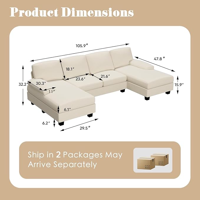 Furniwell Convertible Sectional Sofa Couch 4 Seat Sofa Set for Living Room U-Shaped Modern Fabric Modular Sofa Sleeper with Double Chaise &amp Memory Foam (Fabric White)