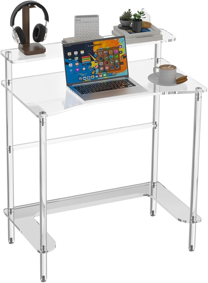 2Tier Acrylic Clear Desk 31.5x19.7x29.5 inch Computer Desk Home Office Desk Writing Table Furniture 0.47inch Thickness