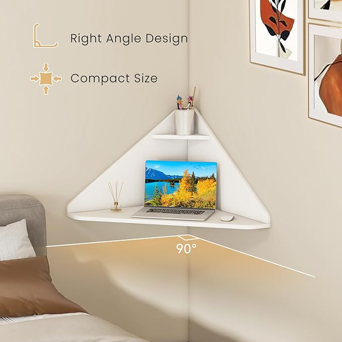 Giantex Corner Floating Desk Wall Mounted Computer Desk with Storage Shelf Space-Saving Writing Desk Triangle Laptop Desk for Living Room Study Bedroom Home Office &amp Small Spaces (White)