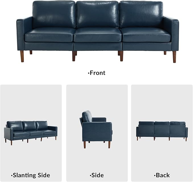 Kingfun Faux Leather Sofa with Loveseat and Chair 2 &amp 3 Seater Couch Mid Century Modern Couches with Solid Wood Legs for Living Room &amp Bedroom Navy Blue