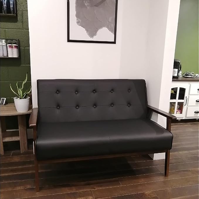 AODAILIHB Black Mid Century Modern Leather Loveseat Sofa Small Office Couch Love Seat with Wood Frame Booth Seating 2 Person Leather Love Seat Couch for Waiting Room