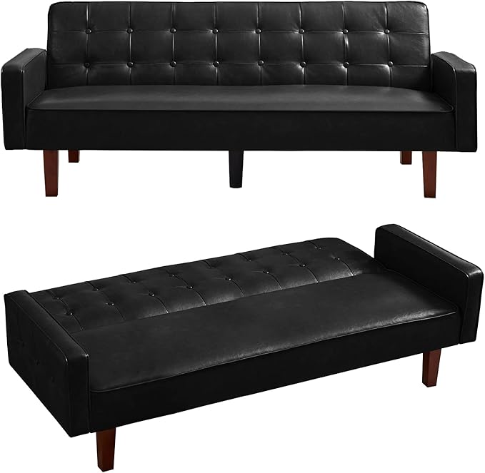 mikibama PU Faux Leather Futon Sofa Couch Upholstered Convertible Sleeper Sofa Bed Futons Modern Tufted 3 Seater Sofa Bed Couch for Living Room Apartment Small Spaces with Solid Wood Legs