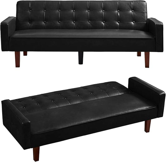 mikibama PU Faux Leather Futon Sofa Couch Upholstered Convertible Sleeper Sofa Bed Futons Modern Tufted 3 Seater Sofa Bed Couch for Living Room Apartment Small Spaces with Solid Wood Legs