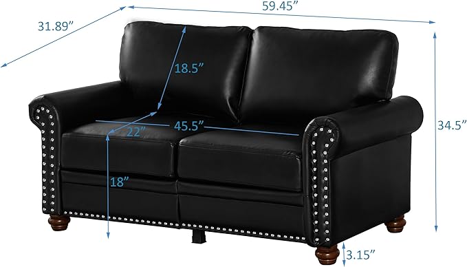 Loveseat Velvet Fabric Two- Seater Couch Buckle Design and Rivet Decoration Deep Seated Double Sofa Suitable for Living Room Bedroom Apartment Hotel etc (black-07)
